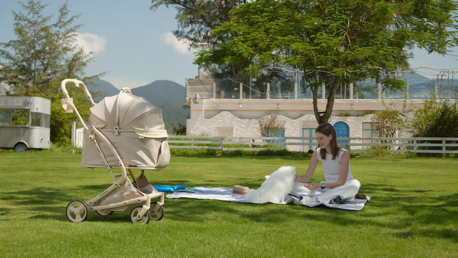 PETTENAワンタッチで折りたためる分離型ペットカートMILOUで犬と公園で散歩する