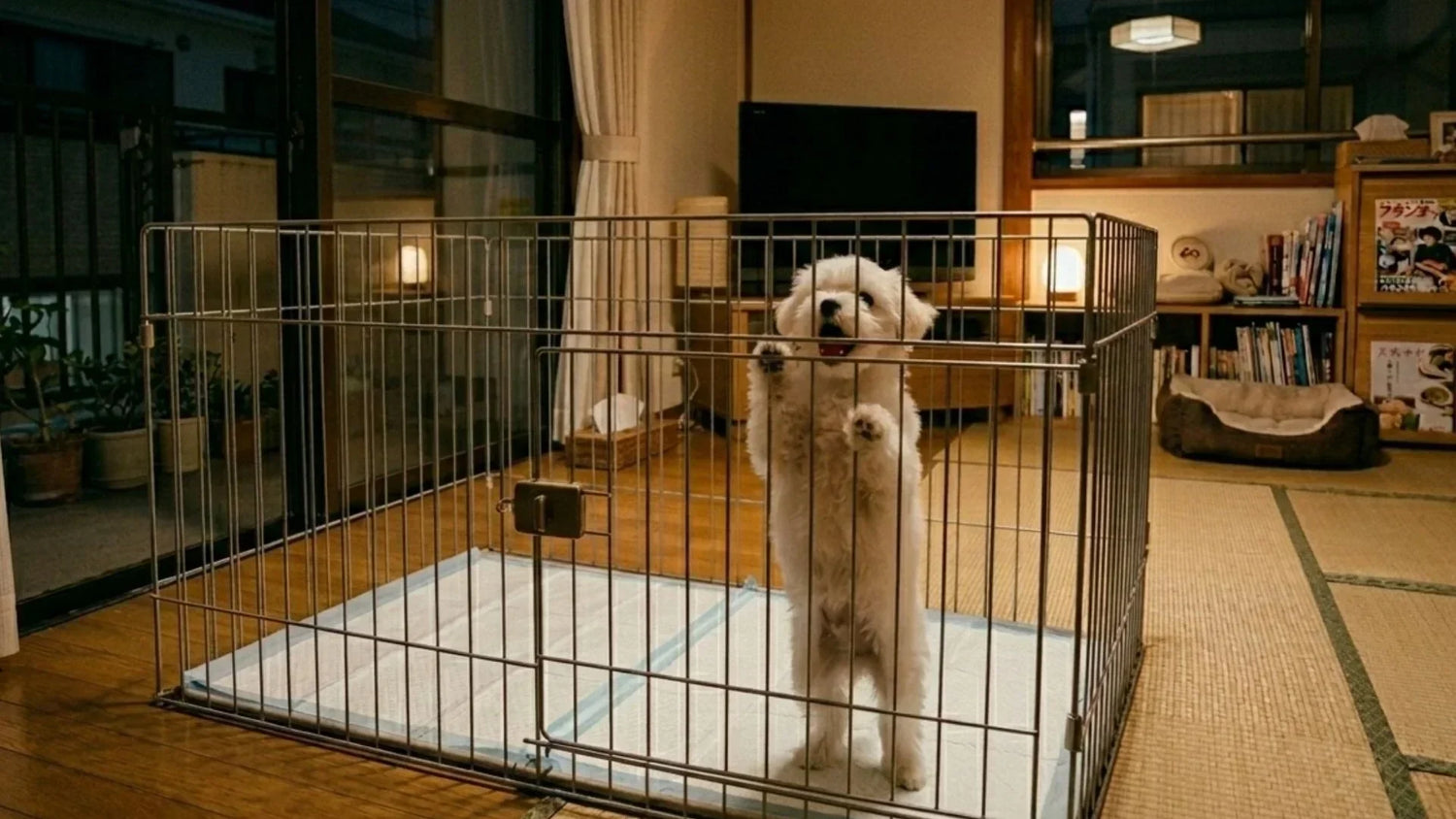 ケージの中で夜泣きする子犬