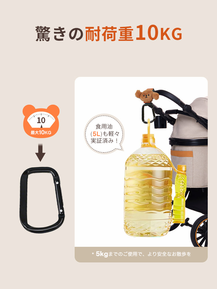 耐荷重10kgを誇る頑丈なアルミ製ペットカートフック。大きくて重い荷物をしっかり固定し、安全なお散歩をサポートする実証実験。