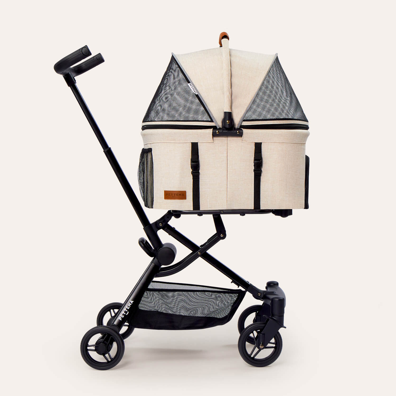 PETTENA小型犬用軽量コンパクト犬バギーPETITEカーキ色の側面写真