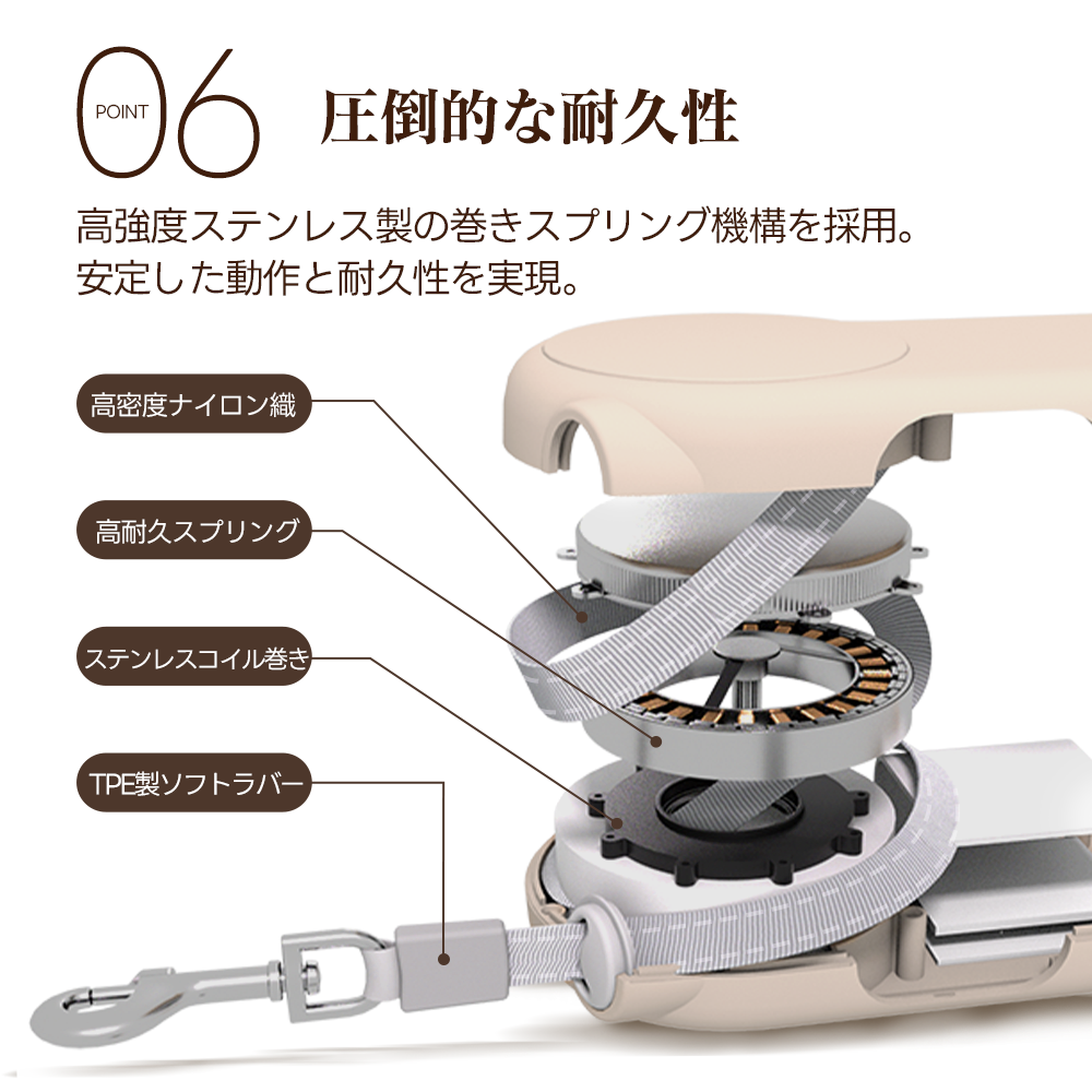 PETTENA AirHoldの圧倒的な耐久性を支える内部設計。ステンレスコイルや高密度ナイロン織など厳選された素材を使用し、安定した動作を追求。細部までこだわり抜いた品質により、愛犬との安全な散歩を長くサポート。