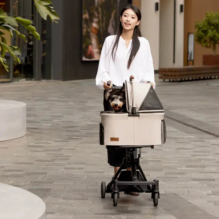 PETTENA小型犬用軽量コンパクトペットカートPETITEでシュナウザーと町で歩く