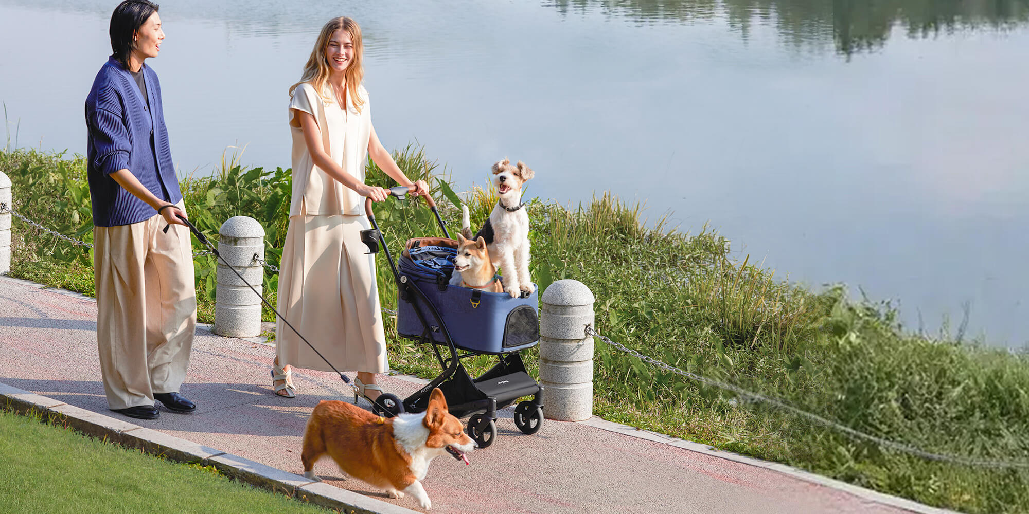 PETTENAドッグカートMILOUに多頭の中型犬を乗せて公園を散歩
