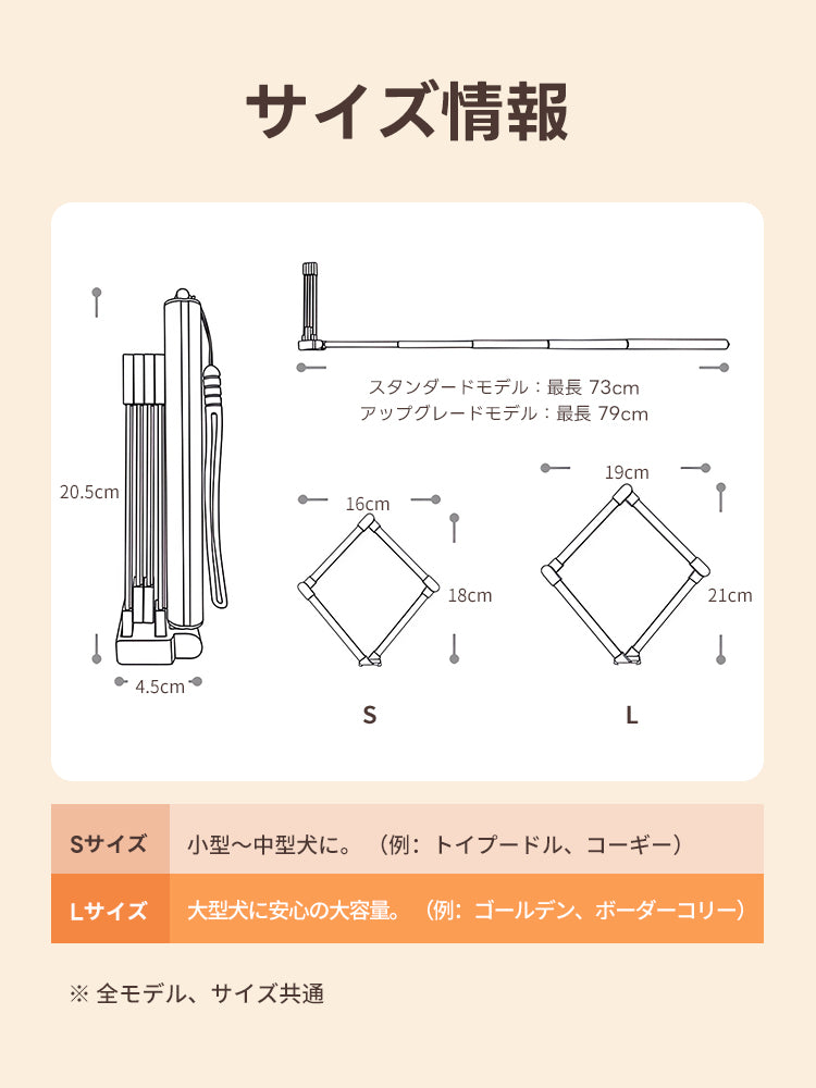 Pettenaフンキャッチャーの寸法図。収納時は20cm、使用時は最長79cm。SとLのフレームサイズ及び対応する犬種の目安一覧。