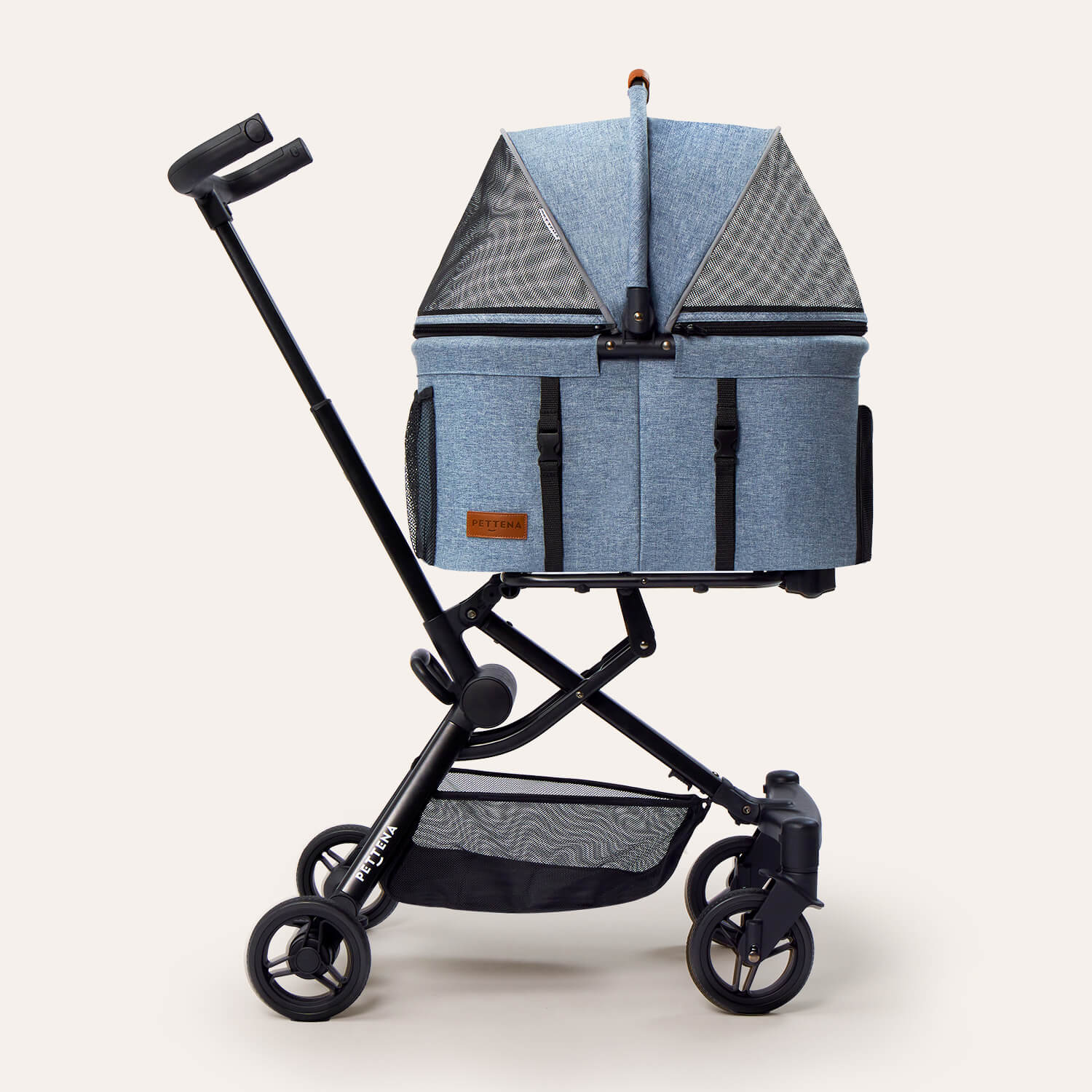 PETTENA小型犬用軽量コンパクト犬バギーPETITEブルー色の側面写真