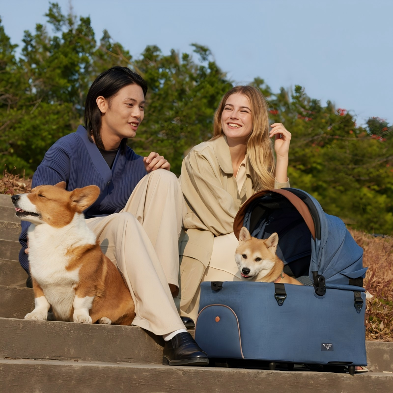 PETTENA 中型犬用ワンタッチ折りたたみ式ペットカートMILOUのキャリーを分離して、犬を乗せて公園を楽しむ