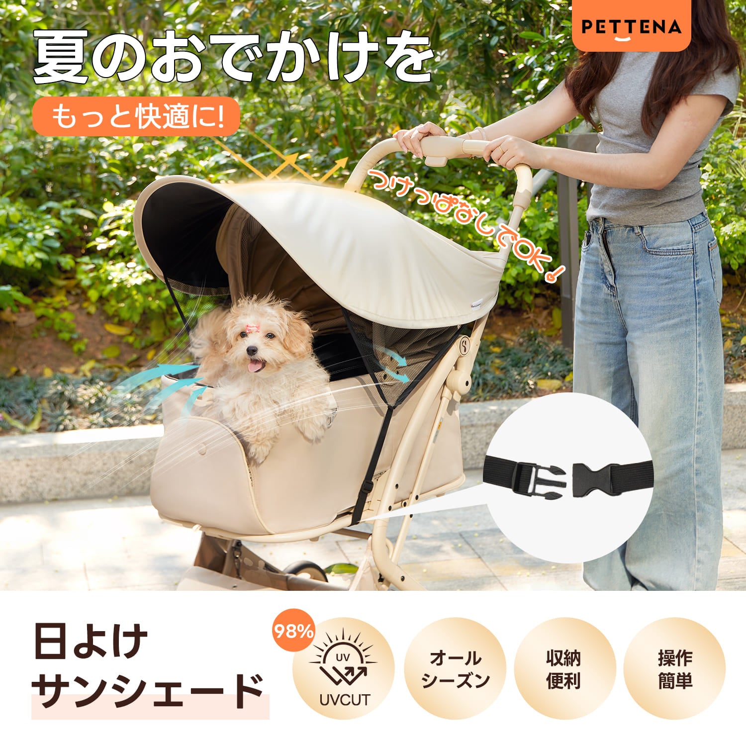 PETTENA】 ペットカート用サンシェード|98%遮光＆通気性メッシュ
