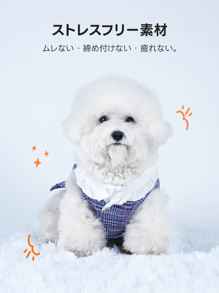 PETTENAのストレスフリーなチェックフリルドレス。小型犬の肌に優しい素材を採用し、動きやすさと可愛さを両立。お姫様のような華やかさがありつつ、締め付け感のない設計で愛犬のストレスを軽減する、機能的なドッグウェア。