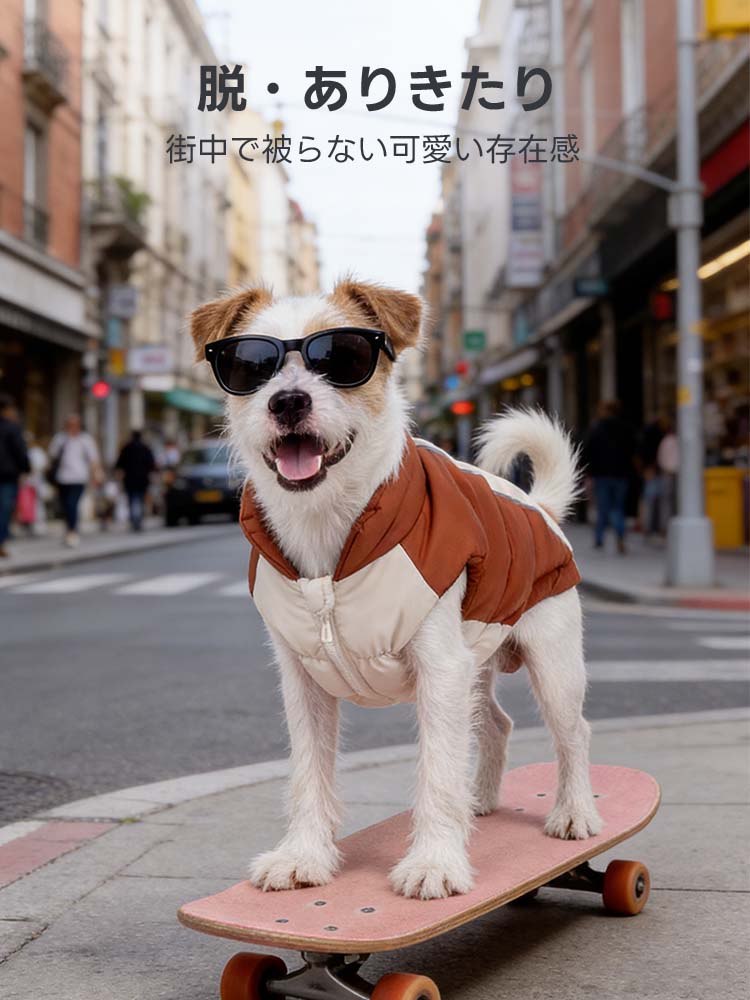市街地でスケートボードに乗る、ブラウンとベージュのバイカラーがおしゃれな中綿ダウンジャケット姿の犬。他と被らない個性的なデザインが街中での存在感を放ち、冬の外出をより楽しく華やかに演出するペット服です。