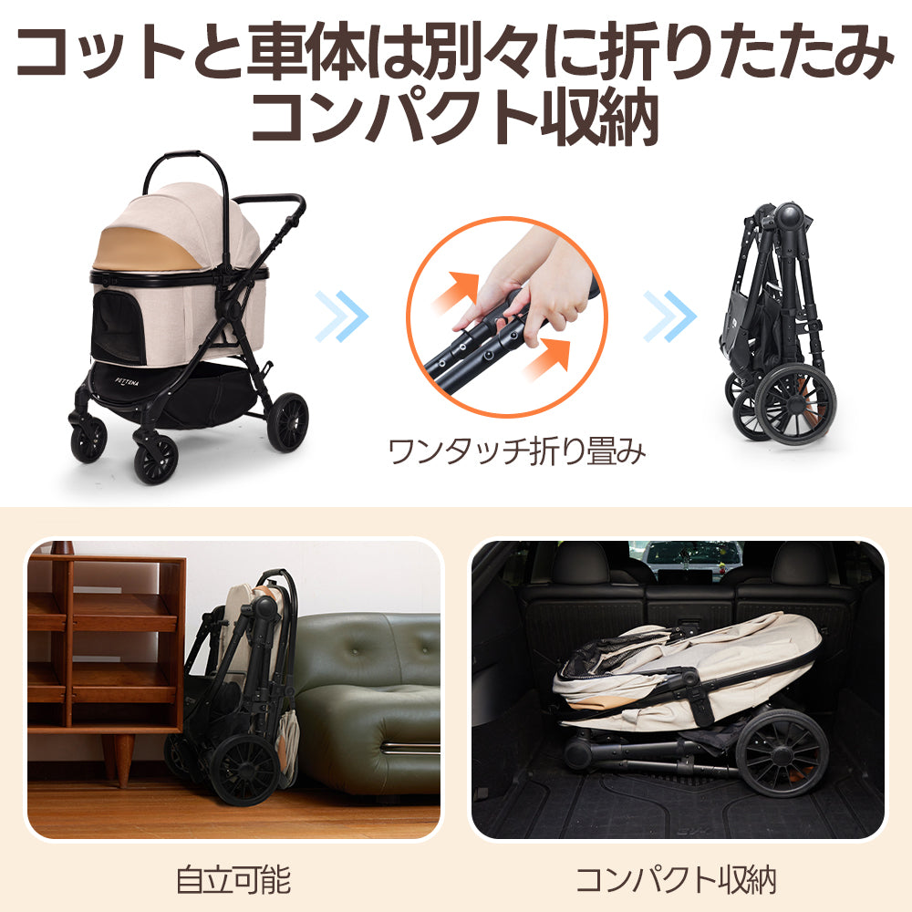 PETTENA 中型犬や多頭飼い用折りたたみ式分離型軽量ペットカート TERRAを折りたためて、コンパクトに収納する写真