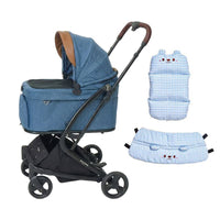 PETTENA MILOU Small saiz 電車移動中も愛犬がリラックスできる、カーキ色のくまクッション付きのネイビー色ペットカート。専用電車カバーで顔出しNGルールをクリアしつつ、厚みのあるクッションで衝撃を吸収。長時間の外出でも負担が少ない、優しさに満ちた設計。ココアモカ