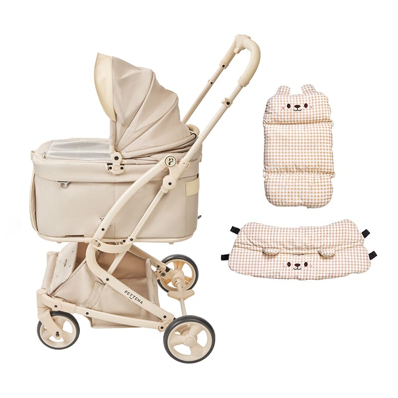 あごのせ付きPETTENA milou small saizペットカート(クリームベージュ)と「カーキ色クマクッションセット」。厚みのあるクッションが移動中の振動を和らげ、愛犬が安心してぐっすり眠れる極上の快適仕様。