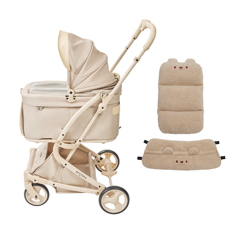 あごのせ付きPETTENA milou small saizペットカート(クリームベージュ)と「保温クマクッションセット」。厚みのあるクッションが移動中の振動を和らげ、愛犬が安心してぐっすり眠れる極上の快適仕様。