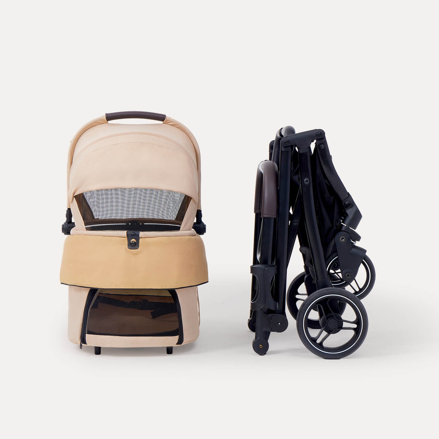 PETTENA ORION あごのせクッション付きペットカートを分離して、フレームを折りたためた様子