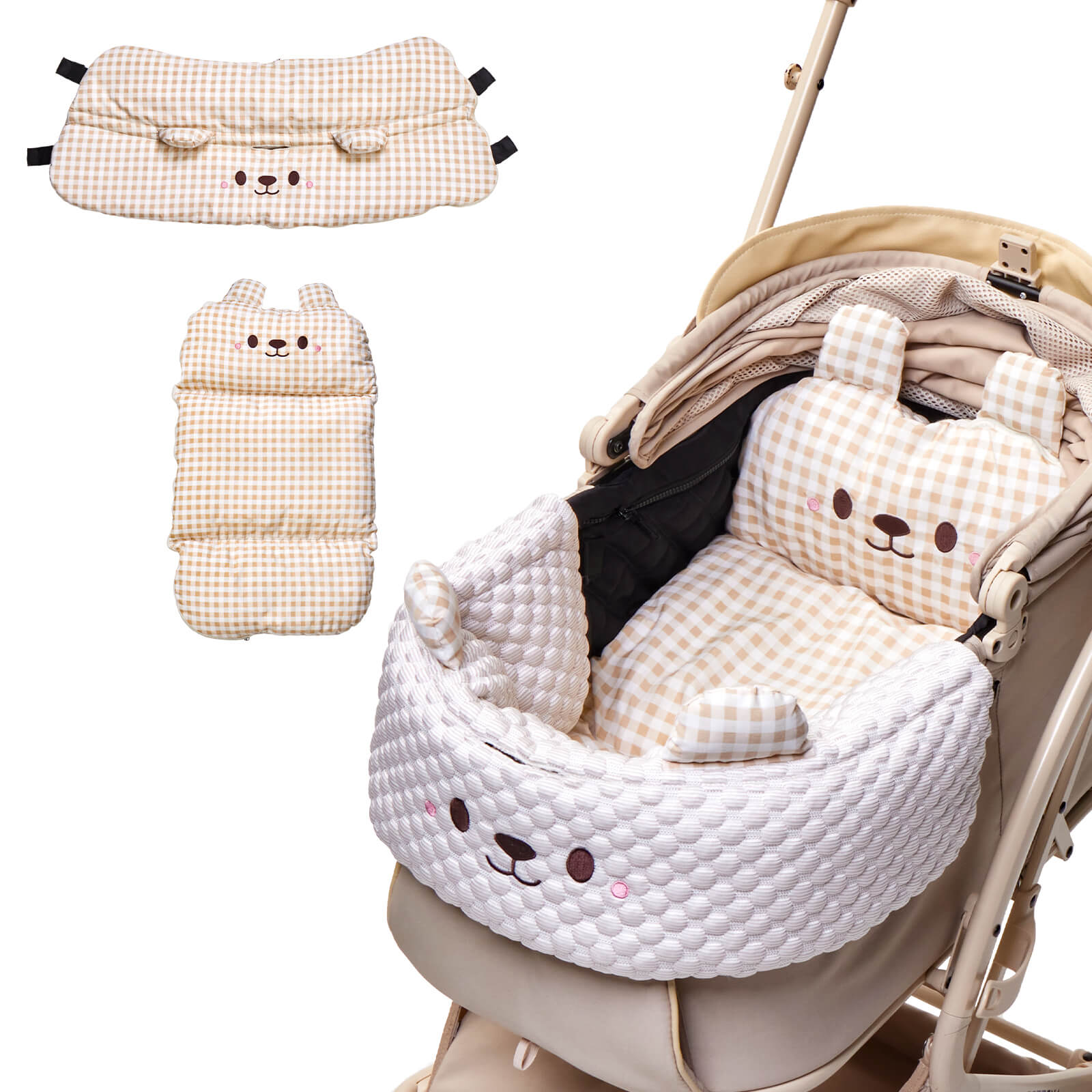 リバーシブルペットカート用クッションセット、ベージュ色で優雅な雰囲気!耐污性に優れ汚れ不鮮明、落ち着きカラーで愛犬も安心。カートに合わせやすく、日常のお出かけにぴったりのスタイリッシュアイテム!