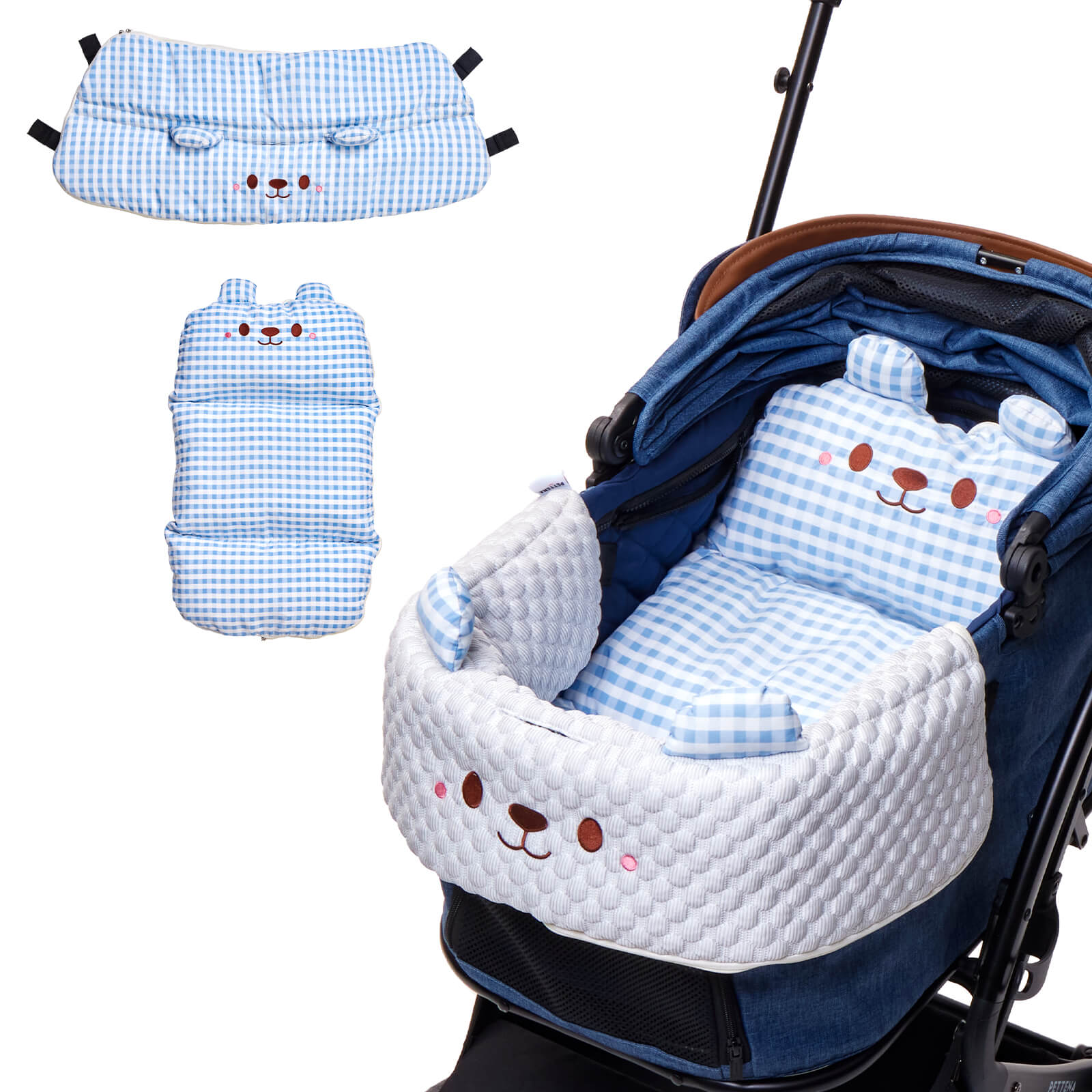 リバーシブルペットカート用クッションセット、清涼感のある水色!夏場の外出も爽やかに、汚れが目立ちにくい実用色。愛犬とのお散歩や旅行に、カートをおしゃれに演出するアイテム!