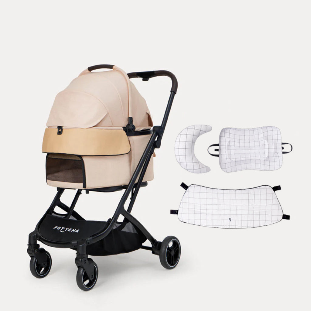 PETTENA ORION 折りたたみ式分離型あごのせクッション付きペットカートと接触冷感クッションセット格子柄セット
