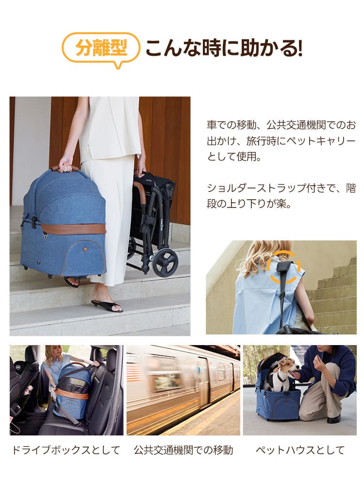 車での移動や公共交通機関、旅行時に便利な分離型ペットカート。ショルダーストラップ付きのコットは階段の上り下りも楽々。ドライブボックスやペットハウスとしても機能し、愛犬との外出範囲を広げる多機能な使用シーンを提案。