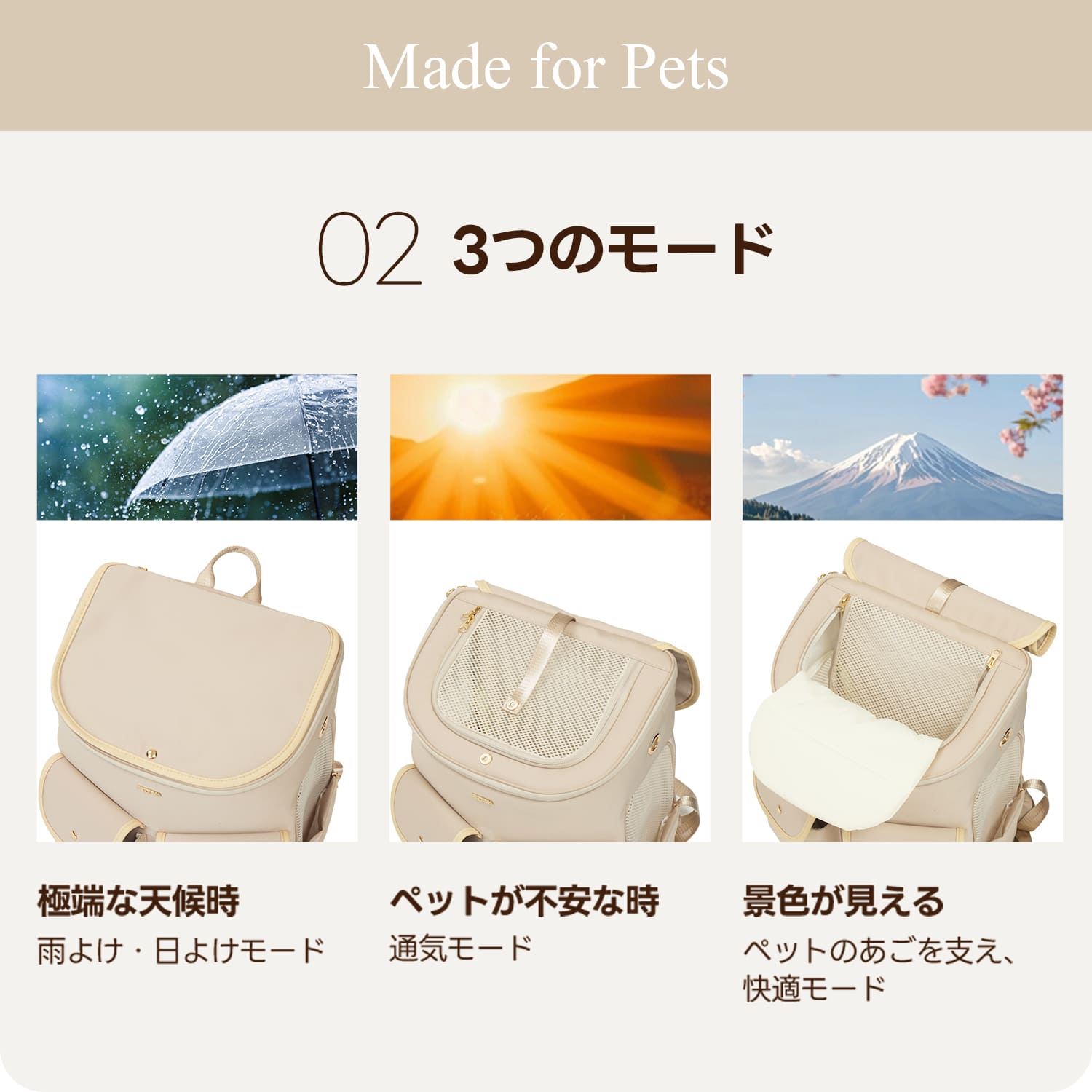 天候やペットの気分で変えられるHIYORIの3モード。雨天用の日除けモード、不安な時に最適な通気モード、景色を楽しむ快適モードを解説。