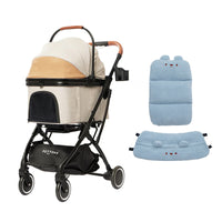 PETTENA knigh tベージュペットベビーカーにブルークマ柄ふわふわセット。優しい肌触りの保温素材がペットの体温を快適に保ち、長時間の散歩でもリラックスした状態をサポートする快適設計