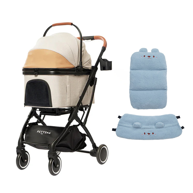 PETTENA knigh tベージュペットベビーカーにブルークマ柄ふわふわセット。優しい肌触りの保温素材がペットの体温を快適に保ち、長時間の散歩でもリラックスした状態をサポートする快適設計