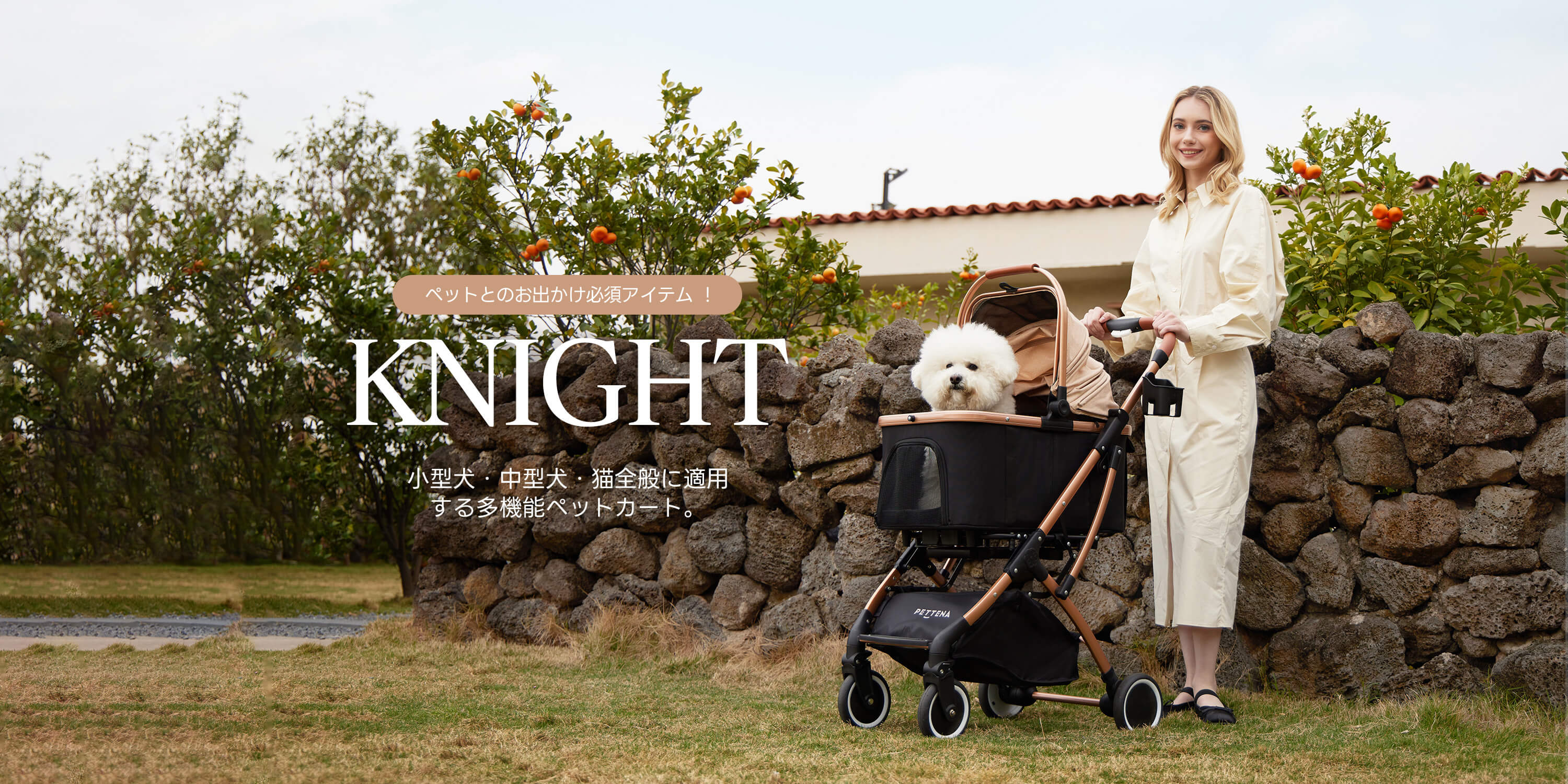 PETTENA 分離型ペットカートKNIGHTで小型犬と芝生庭で散歩する写真