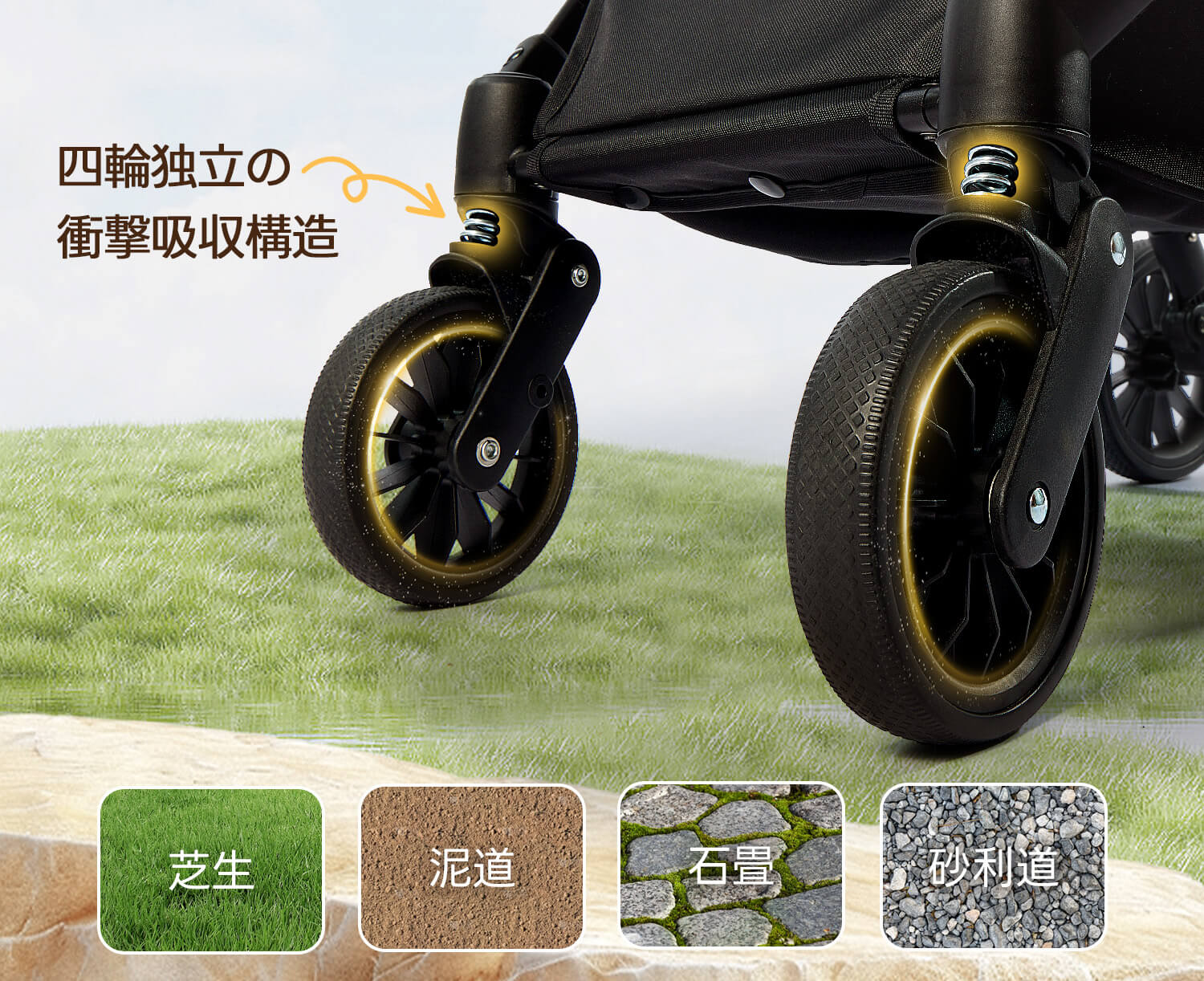 PETTENA ワンタッチ折りたたみ式軽量一体型ペットカートNEWTONの四輪衝撃吸収構造