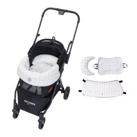 PETTENA newtonブラックペットベビーカーに格子柄クッションセット。優しい肌触りの通気性メッシュ素材がペットの体温調節をサポートし、長時間の散歩でもリラックスした状態を保てる優しい設計です。