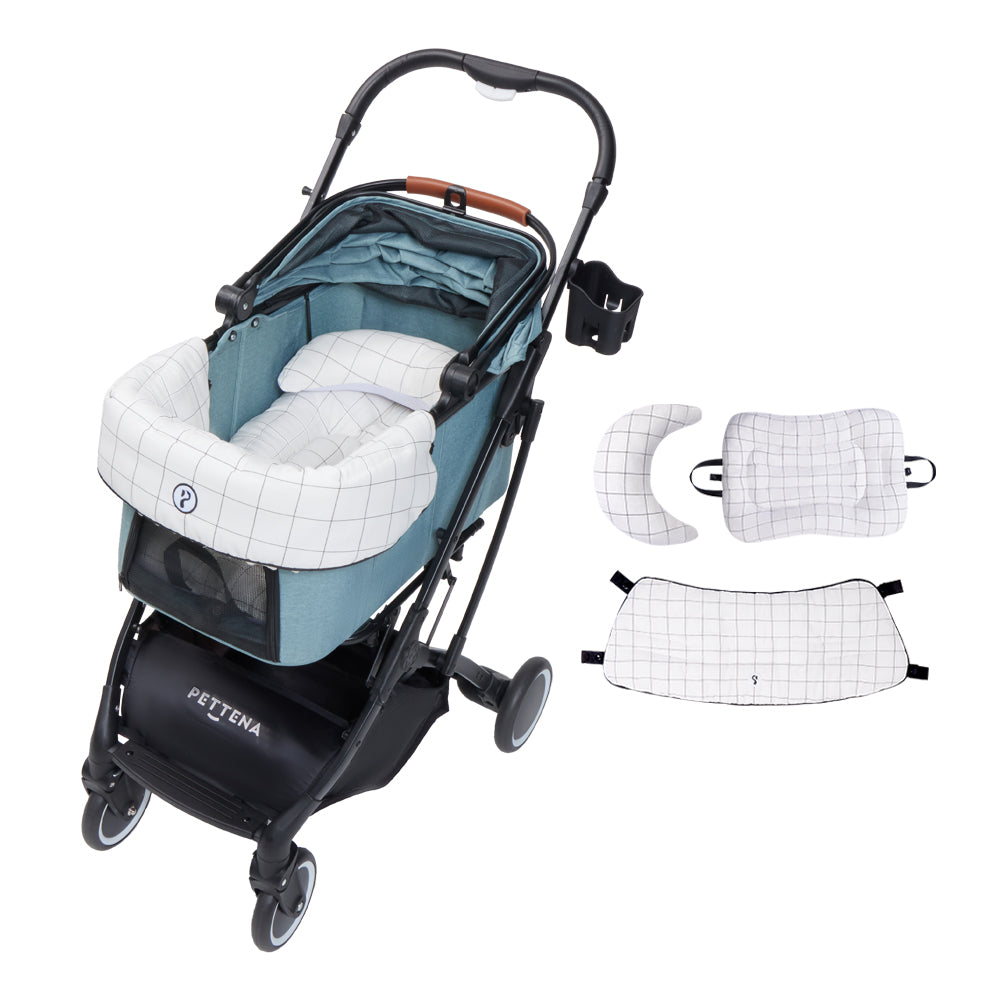 PETTENA 小型犬用折りたたみ分離型ペットカートKNIGHTブルー色と格子柄クッションセット