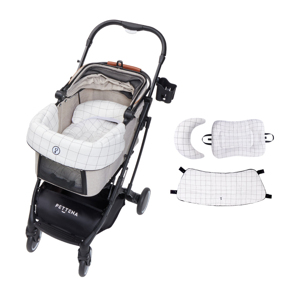 PETTENA 小型犬用折りたたみ分離型ペットカートKNIGHTベージュ色と格子柄クッションセット