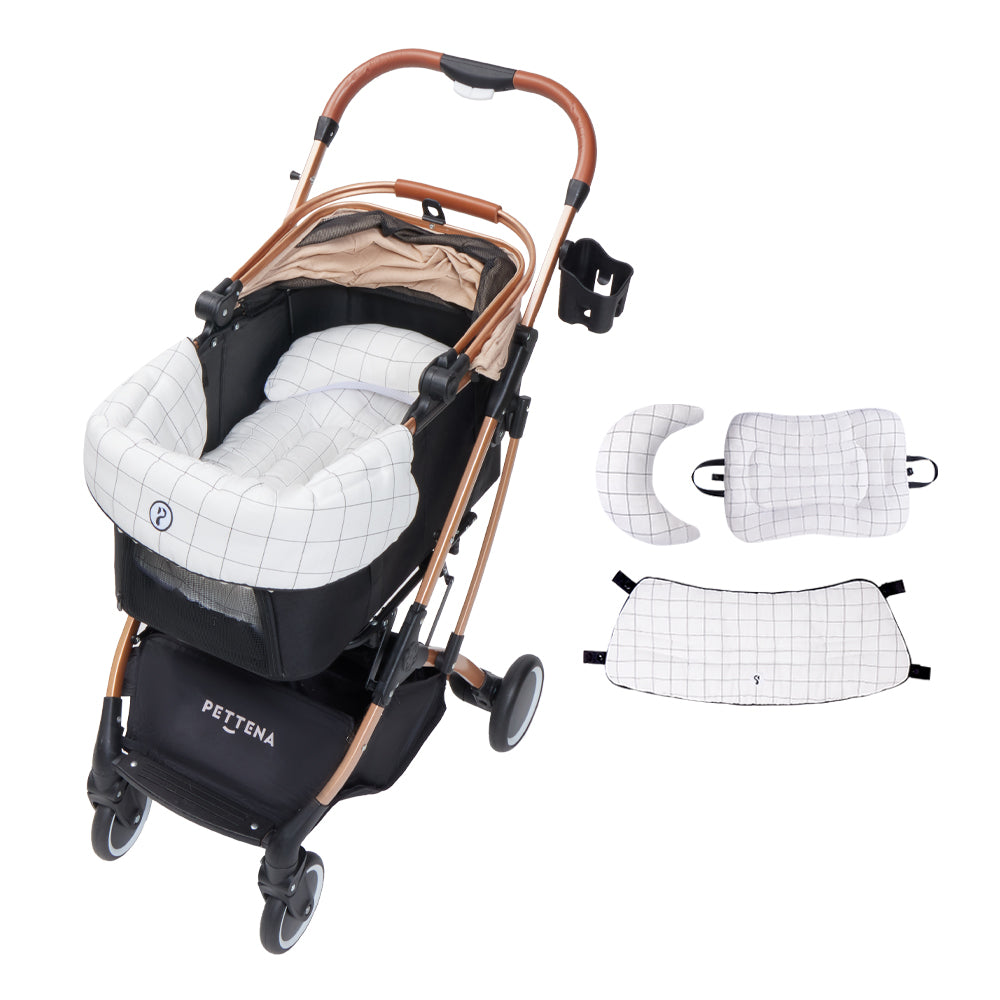 PETTENA 小型犬用折りたたみ分離型ペットカートKNIGHTカーキ色と格子柄クッションセット