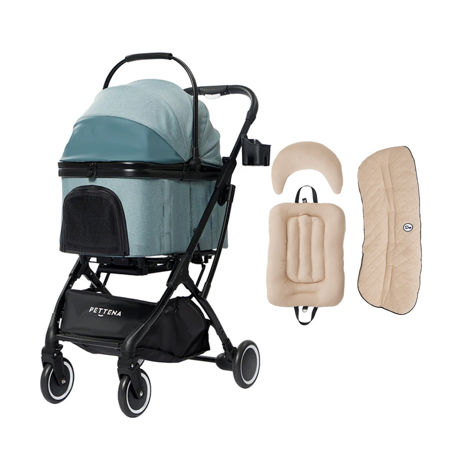 PETTENA KNIGHTペットカート新ミントブルー!爽やか色でお出かけ楽しく。4WAY対応で多彩シーン活躍。ワンタッチ折り畳み簡単。衝撃吸収サスで安心移動。耐荷重20KG、多頭・中型犬猫用!