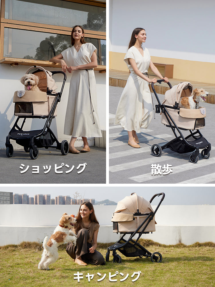 PETTENA ORIONペットカート、ショッピング・散步・キャンピングに最適!瞬折りX-FOLDで省スペース、25KG耐荷重で多頭犬猫も安心。広い空間・自立可能・軽量設計のお出かけ犬バギーで、ペットとの楽しい時間をサポート!