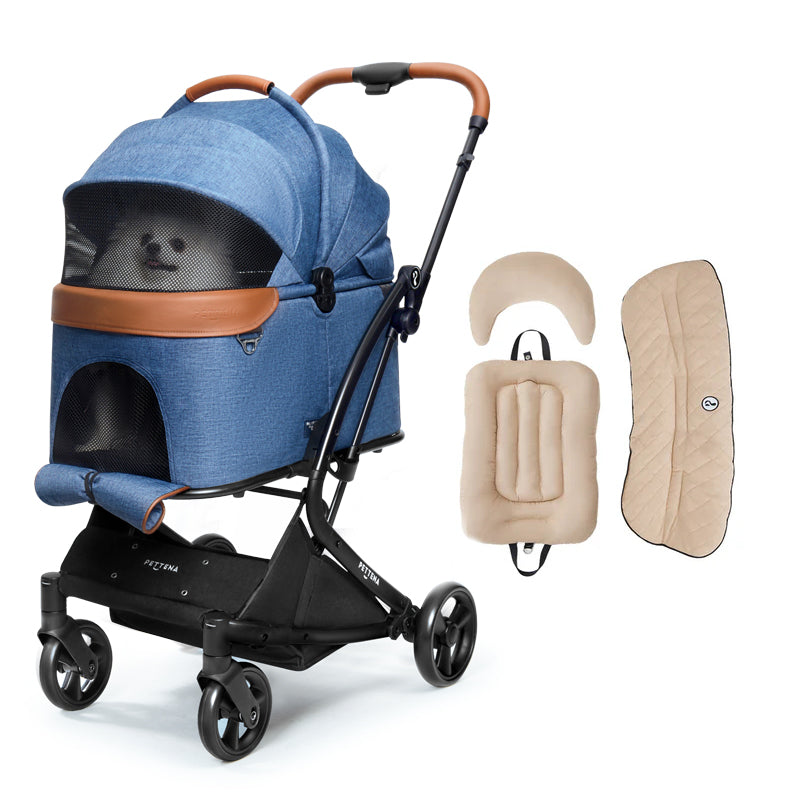 あごのせ付きPETTENA Milouペットカート(ネービー)と「ダイヤ柄」クッションセット。愛犬が顔を出してリラックスできる深めのコット。冬も暖かく、衝撃を和らげる安全で快適なセット。