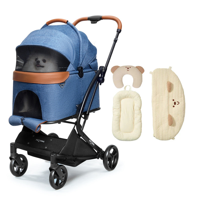 PETTENA ワンタッチ折りたたみ式分離型MILOUペットカート ネービーブルー色+ベージュベアクッション3点セット
