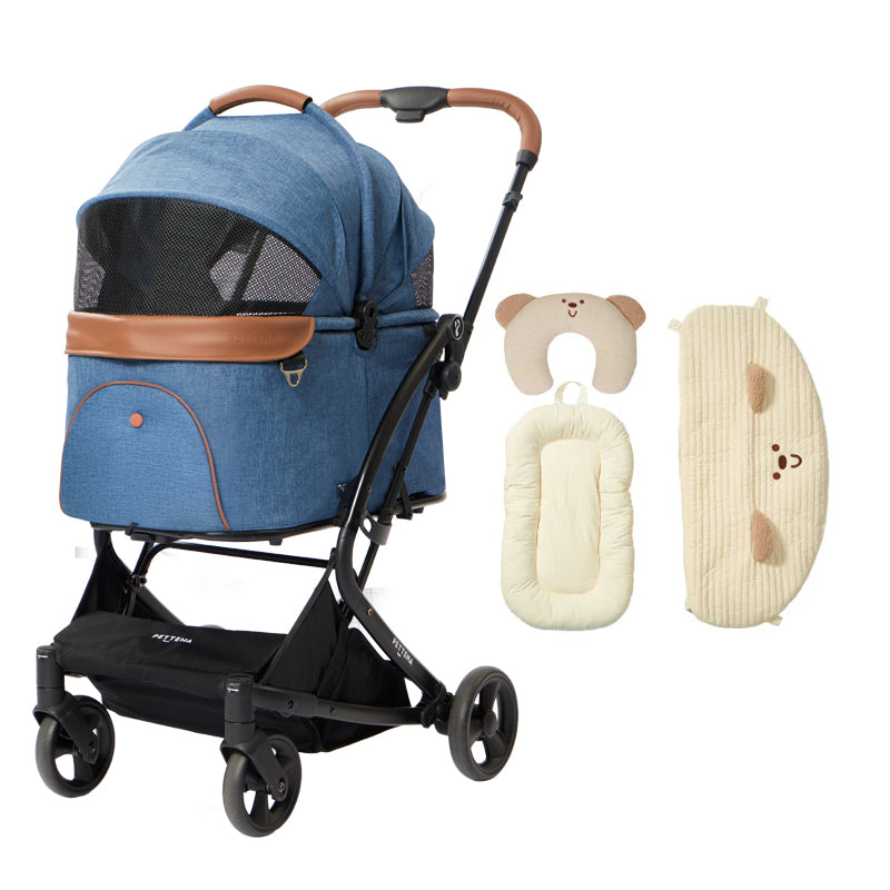PETTENA ワンタッチ折りたたみ式分離型MILOUペットカート ネービー色+ベージュベア3点セット