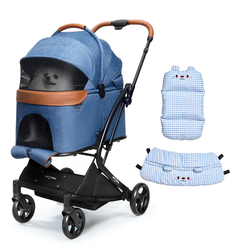 PETTENA ワンタッチ折りたたみ式分離型MILOUペットカート ネービー色 + 接触冷感クッションセット(ブルー)