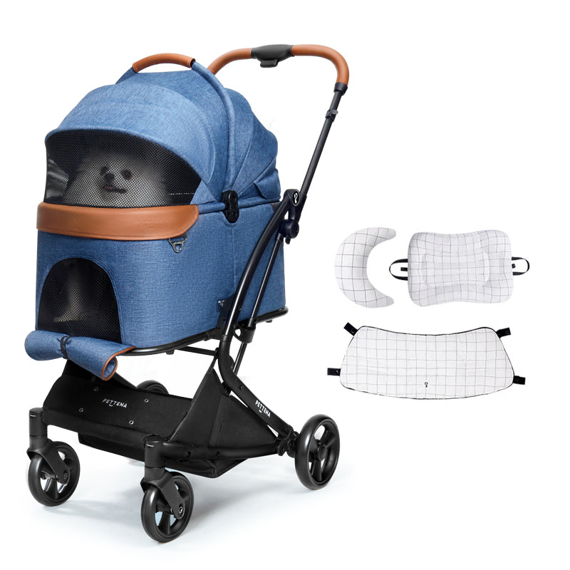 PETTENA ワンタッチ折りたたみ式分離型ペットカートMILOUネービーブルー色と格子柄クッションセットの写真
