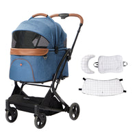 PETTENA ワンタッチ折りたたみ式分離型ペットカートMILOUネービーブルー色と格子柄クッションセットの写真