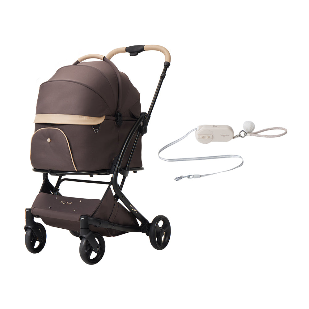 PETTENAの最上級モデルのMILOU(ココアモカ)とAirHold伸縮リード。10kgまでの小型犬に対応し、高強度ナイロン織りテープやステンレス製スプリングなど、耐久性に優れた素材を採用しています。ミント(/ブラック/カーキ)とベージュのニュアンスカラーが、飼い主様のファッションにも自然に馴染みます。