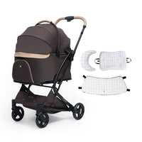 あごのせ付きPETTENA milou small saizペットカート(ココアモカ)と「格子柄セット」。厚みのあるクッションが移動中の振動を和らげ、愛犬が安心してぐっすり眠れる極上の快適仕様。