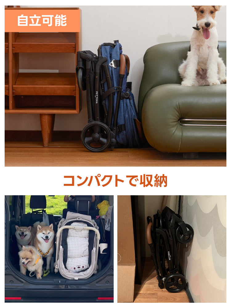 PETTENA MILOUペットカート、自立可能でコンパクト収納!瞬折りX-FOLD技術で軽量省スペース、25KG耐荷重の広い空間。多頭犬猫のお出かけに便利、自立設計で置き場所に困らず、小型犬から中型犬まで快適に乗せられます。