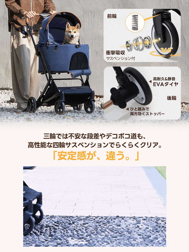 PETTENA MILOUペットカート、衝撃吸収サスペンション&高耐久静音EVAタイヤ!ひと踏みストッパーで安全。段差デコボコ道も四輪サスで安定走行。瞬折りX-FOLDで軽量省スペース、多頭犬猫用のお出かけ犬バギー!