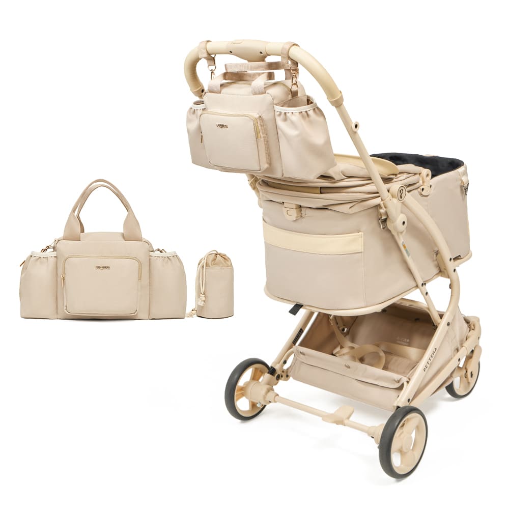 PETTENAのペットカート「MILOU」クリームベージュ色に、同系色の撥水バッグを装着した様子。左側にはバッグ単体とポーチを配置した、白背景の製品紹介写真。