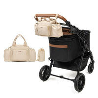 PETTENAの大型ペットカート「TERRA」ブラックに、ベージュの撥水バッグを装着した背面写真。左側にバッグ単体とポーチを配置した、製品構成を示す客観的な白背景画像。