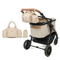 PETTENAの大型ペットカート「TERRA」アウトドアモデルのベージュ。同色の撥水バッグを装着し、左側にバッグ単体を配置した構成説明用の客観的な白背景画像。