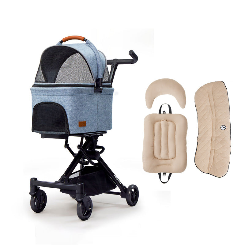 PETTENA小型犬用軽量コンパクトバギーPETITEブルー色とダイヤ柄クッションセット