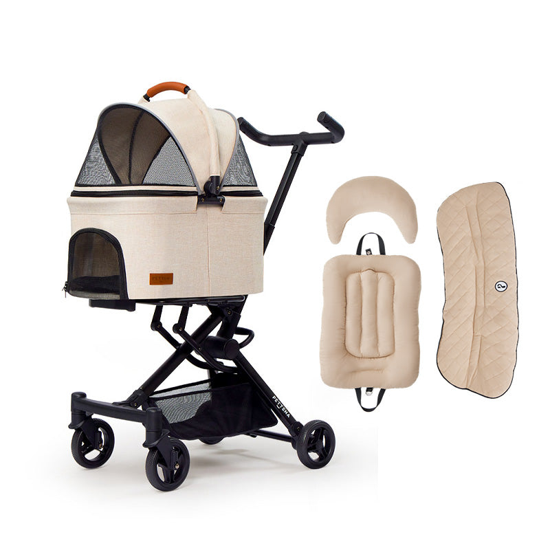 PETTENA小型犬用軽量コンパクトバギーPETITEカーキ色とダイヤ柄クッションセット