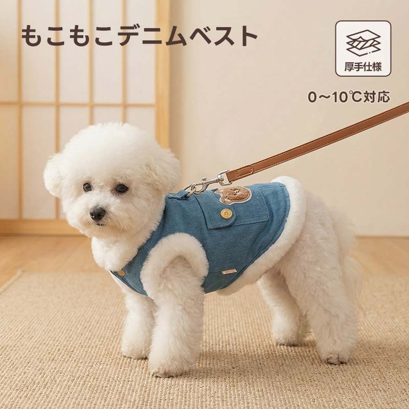 PETTENAのもこもこデニムベストにリードを装着し、外出準備を整えた白い小型犬。厚手の裏ボア生地が冷気を遮断し、ハーネスいらずでスムーズに散歩が可能。クマの刺繍ポケットが目を引く機能的で洒落た冬服アイテム。