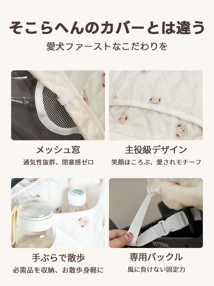 メッシュ窓、くま柄のデザイン、収納ポケット、専用バックルを4つの枠で紹介。散歩の利便性を高める機能と可愛いテディベア柄のディテールを分かりやすく表現。